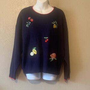 Anthropologie Calligraphie size XL Fruit Embroidered Navy Sweater NWT